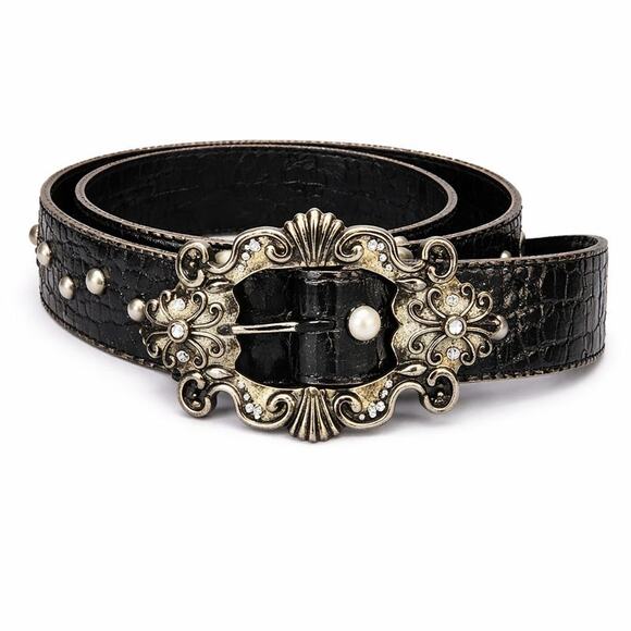 Vintage Leatherock Black Leather Statement Belt | Ornate Buckle | Made in USA main image 9